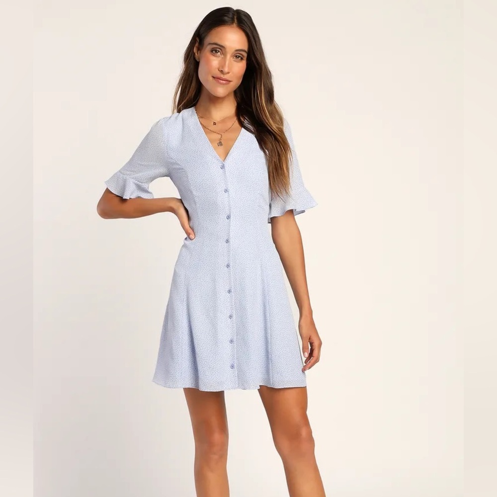 Lulus Castana Light Blue Print Button-Up Dress
